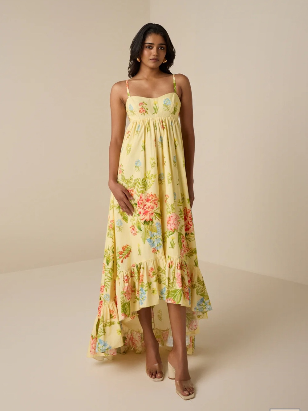 HEMANT & NANDITA Yellow Floral High-Low Spaghetti-Strap Dress